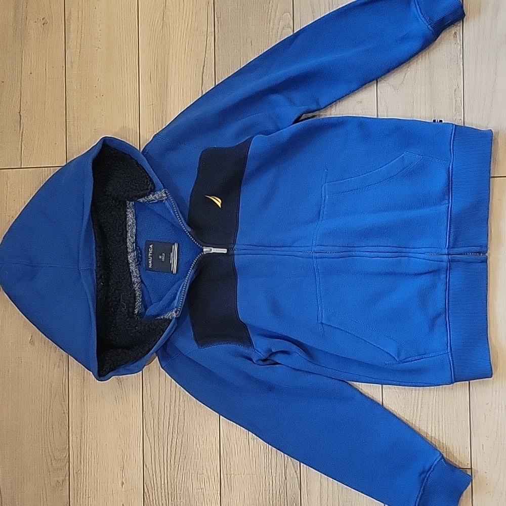 Nautica Boys Blue & Navy Zip Up Furry Hooded Fleece Size Medium 10/12 